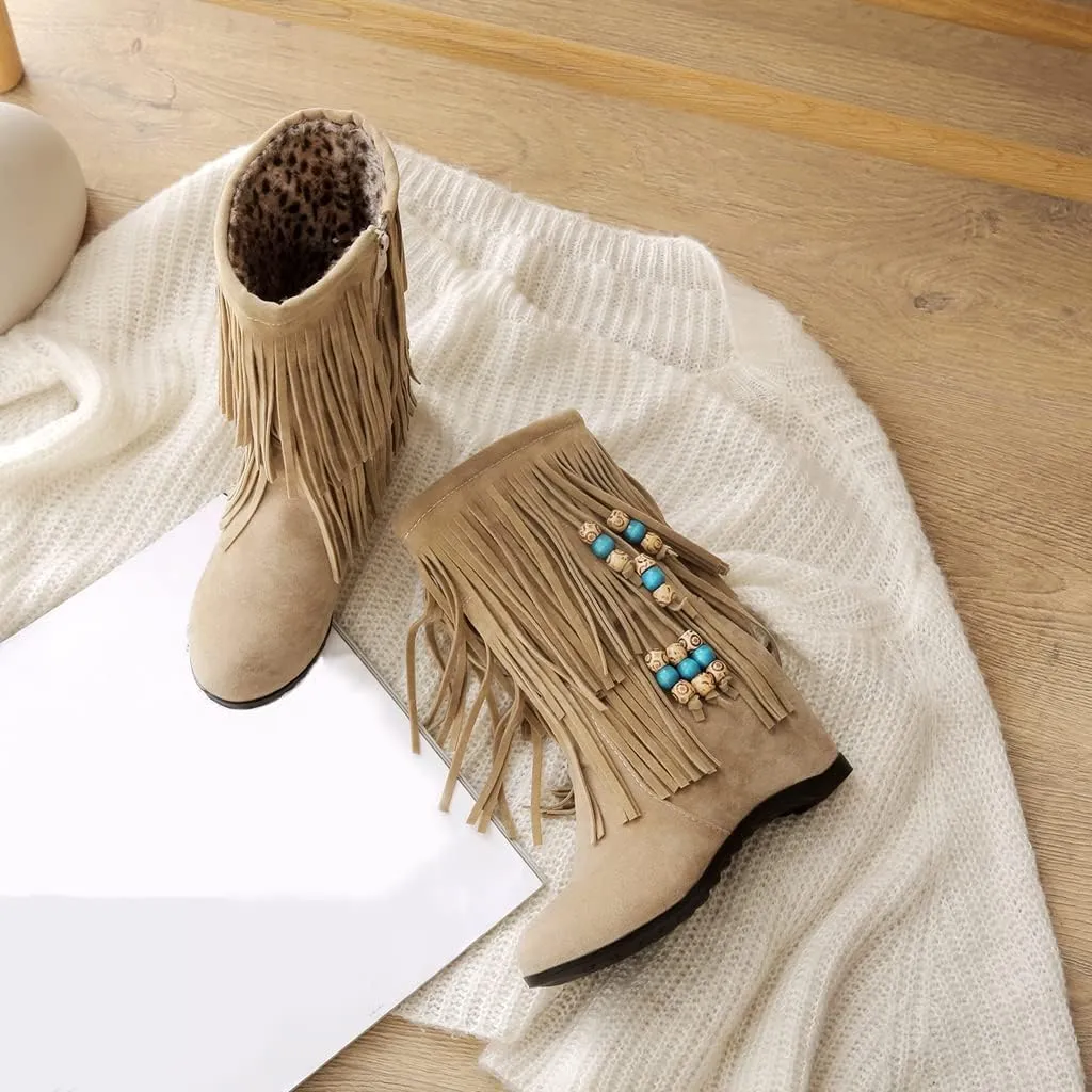 MIOKE Women's Suede Tassel Flat Ankle Boots Round Toe Slip On Low Heel Winter Wide Fringed Short Booties