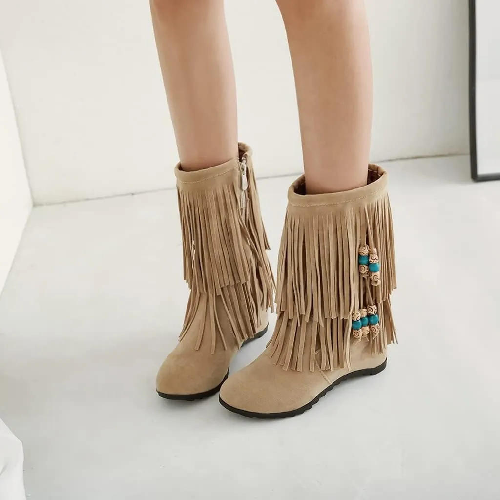 MIOKE Women's Suede Tassel Flat Ankle Boots Round Toe Slip On Low Heel Winter Wide Fringed Short Booties