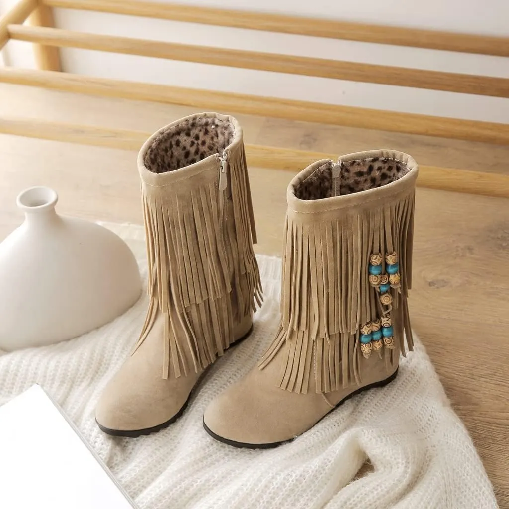MIOKE Women's Suede Tassel Flat Ankle Boots Round Toe Slip On Low Heel Winter Wide Fringed Short Booties