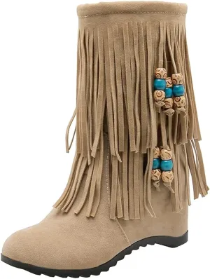 MIOKE Women's Suede Tassel Flat Ankle Boots Round Toe Slip On Low Heel Winter Wide Fringed Short Booties