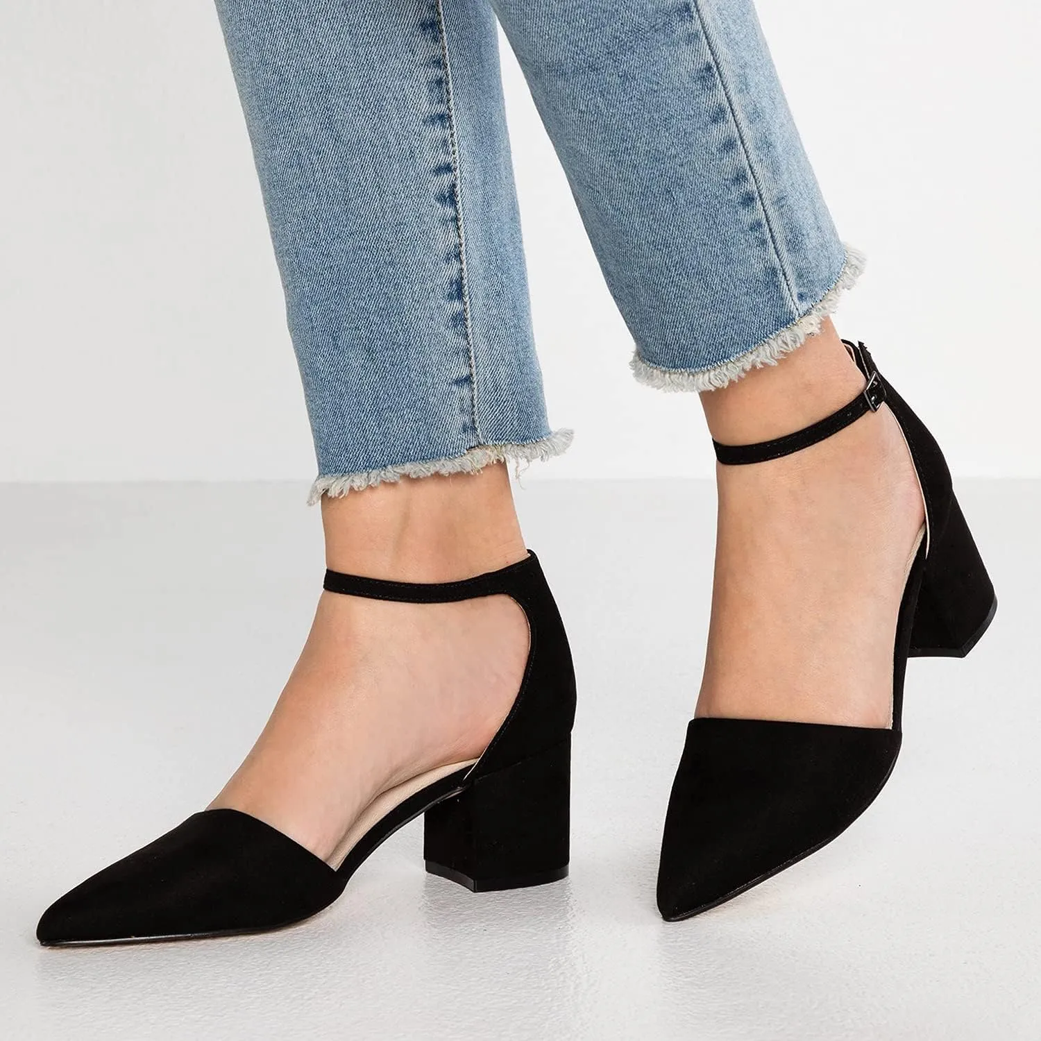 MOOMMO Women Chunky Heel Pumps Ankle Strap D’Orsay Pointed Toe 2 Inch Low Block Heel Sandals Closed Toe Slim Strap Classic Dress Shoes for Work Office Ladies Party Wedding 4-11 M US