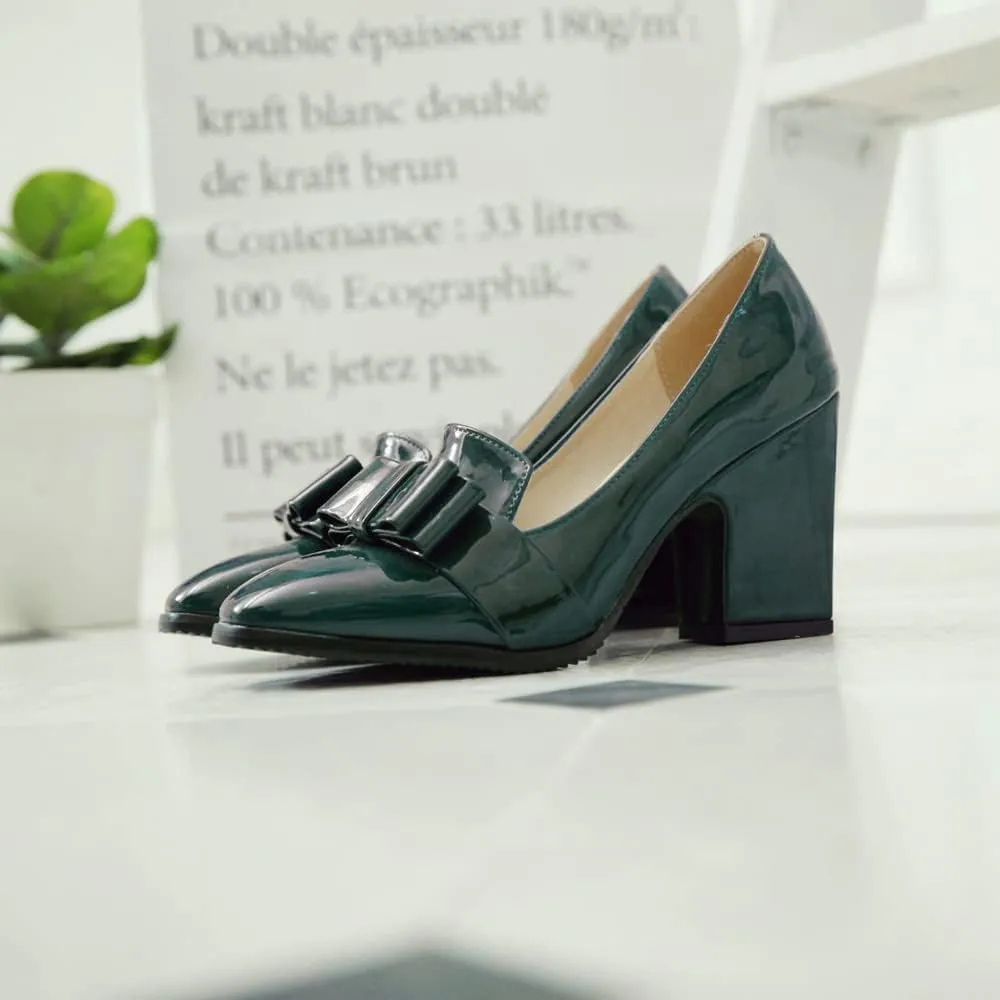 MOOMMO Women Chunky Heel Pumps Bowknot Patent Leather Loafers Round Closed Toe Sandals 3.5 Inch High Block Heel Slip On Summer Casual Office Dress Shoes Size 4-11 M US