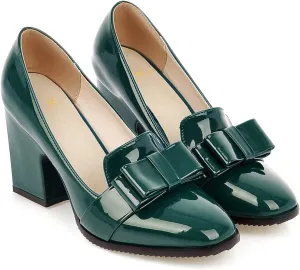 MOOMMO Women Chunky Heel Pumps Bowknot Patent Leather Loafers Round Closed Toe Sandals 3.5 Inch High Block Heel Slip On Summer Casual Office Dress Shoes Size 4-11 M US