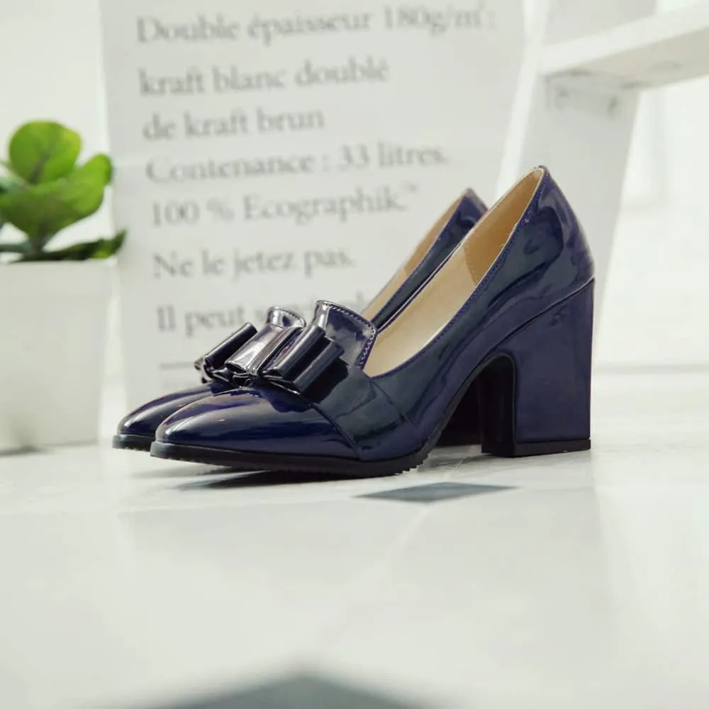MOOMMO Women Chunky Heel Pumps Bowknot Patent Leather Loafers Round Closed Toe Sandals 3.5 Inch High Block Heel Slip On Summer Casual Office Dress Shoes Size 4-11 M US
