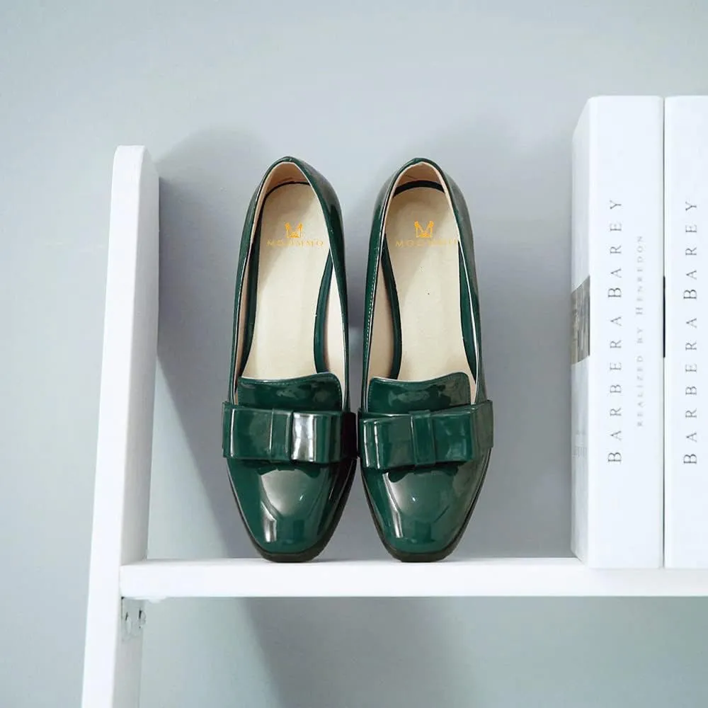 MOOMMO Women Chunky Heel Pumps Bowknot Patent Leather Loafers Round Closed Toe Sandals 3.5 Inch High Block Heel Slip On Summer Casual Office Dress Shoes Size 4-11 M US