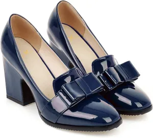 MOOMMO Women Chunky Heel Pumps Bowknot Patent Leather Loafers Round Closed Toe Sandals 3.5 Inch High Block Heel Slip On Summer Casual Office Dress Shoes Size 4-11 M US