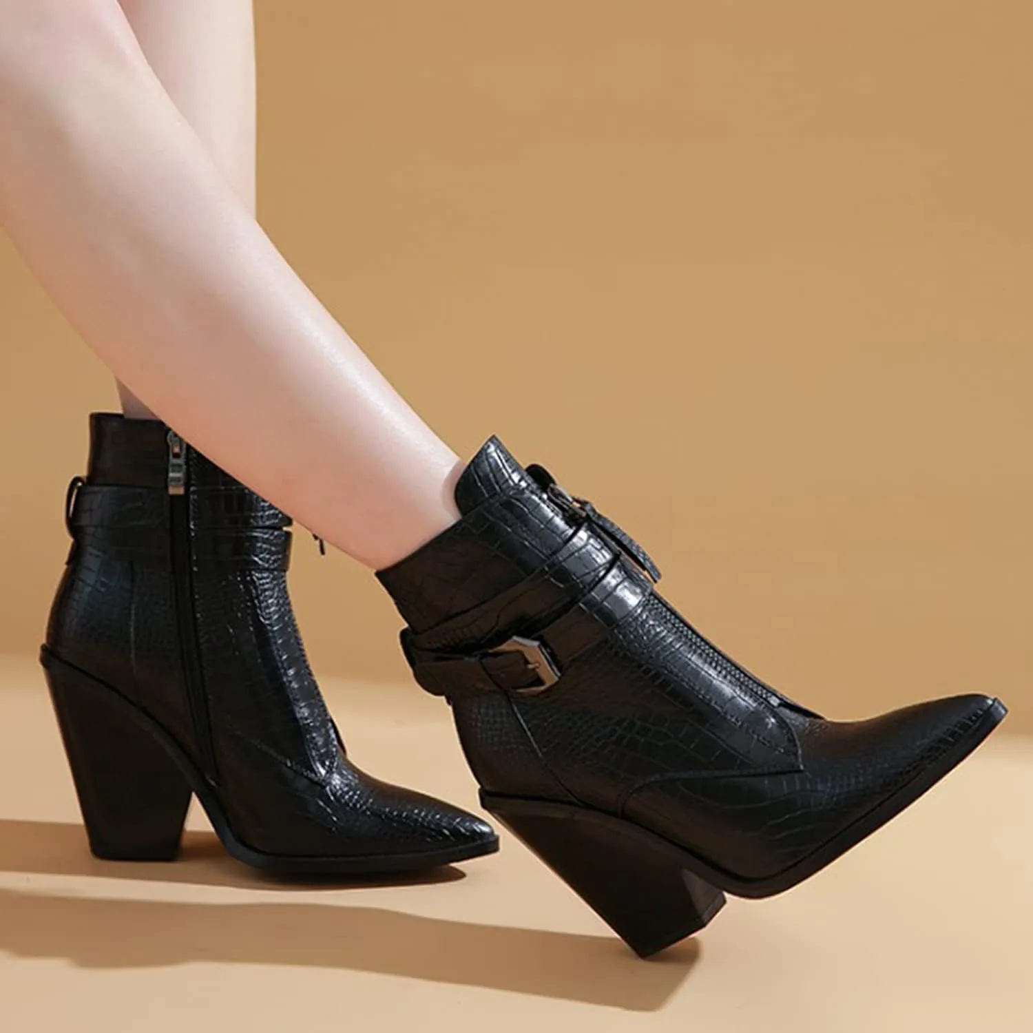 MOOMMO Women Chunky Heel Western Booties Pointed Toe Buckle Strap Crocodile Pattern Front Zipper Ankle Boots Cowboy 4 Inch High Stacked Heel Animal Print Wild Cool Party Club Winter 5-11 M US