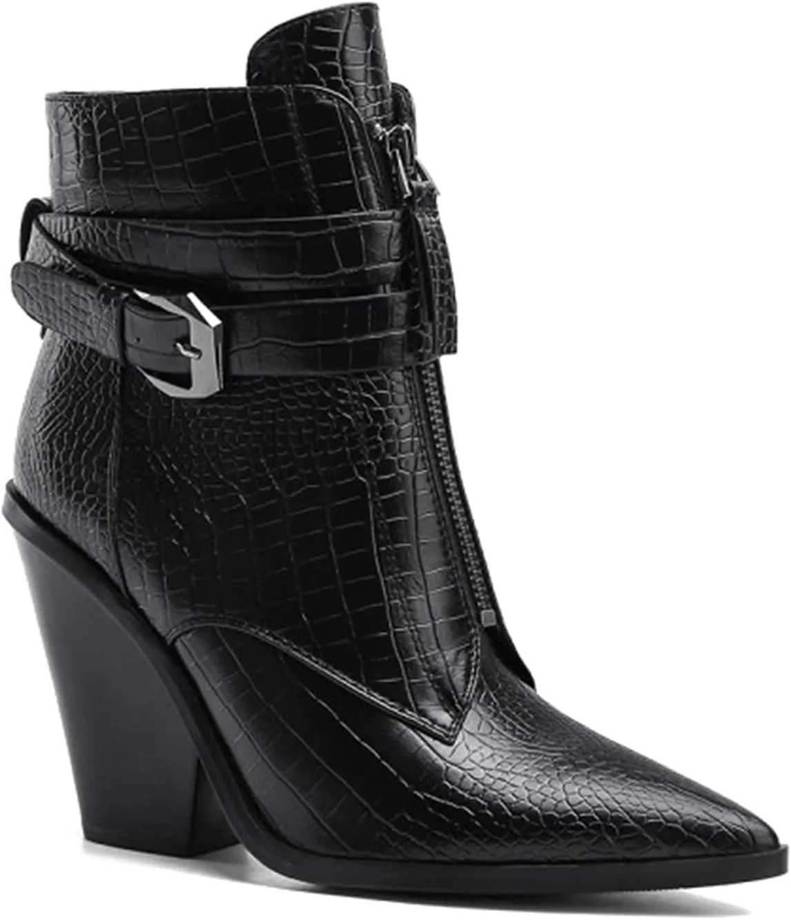 MOOMMO Women Chunky Heel Western Booties Pointed Toe Buckle Strap Crocodile Pattern Front Zipper Ankle Boots Cowboy 4 Inch High Stacked Heel Animal Print Wild Cool Party Club Winter 5-11 M US