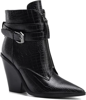 MOOMMO Women Chunky Heel Western Booties Pointed Toe Buckle Strap Crocodile Pattern Front Zipper Ankle Boots Cowboy 4 Inch High Stacked Heel Animal Print Wild Cool Party Club Winter 5-11 M US