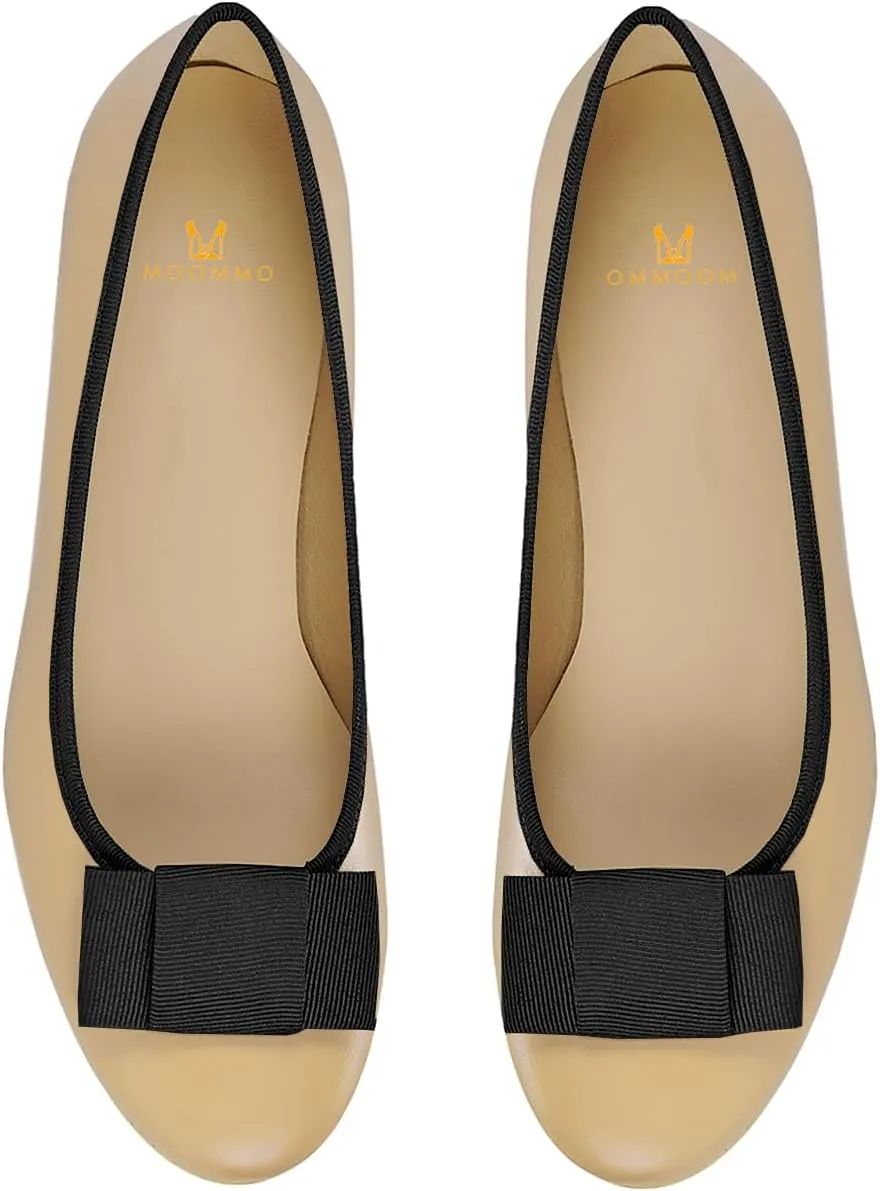 MOOMMO Women Low Chunky Heel Pumps Shoes Bows Round Closed Toe Slip On Block Heels Dress Sandals Cap Toe Bow Flats Shoes Two-Toned Ladies Girls Wedding Office School Elegant Comfort Spring 4-11 M US