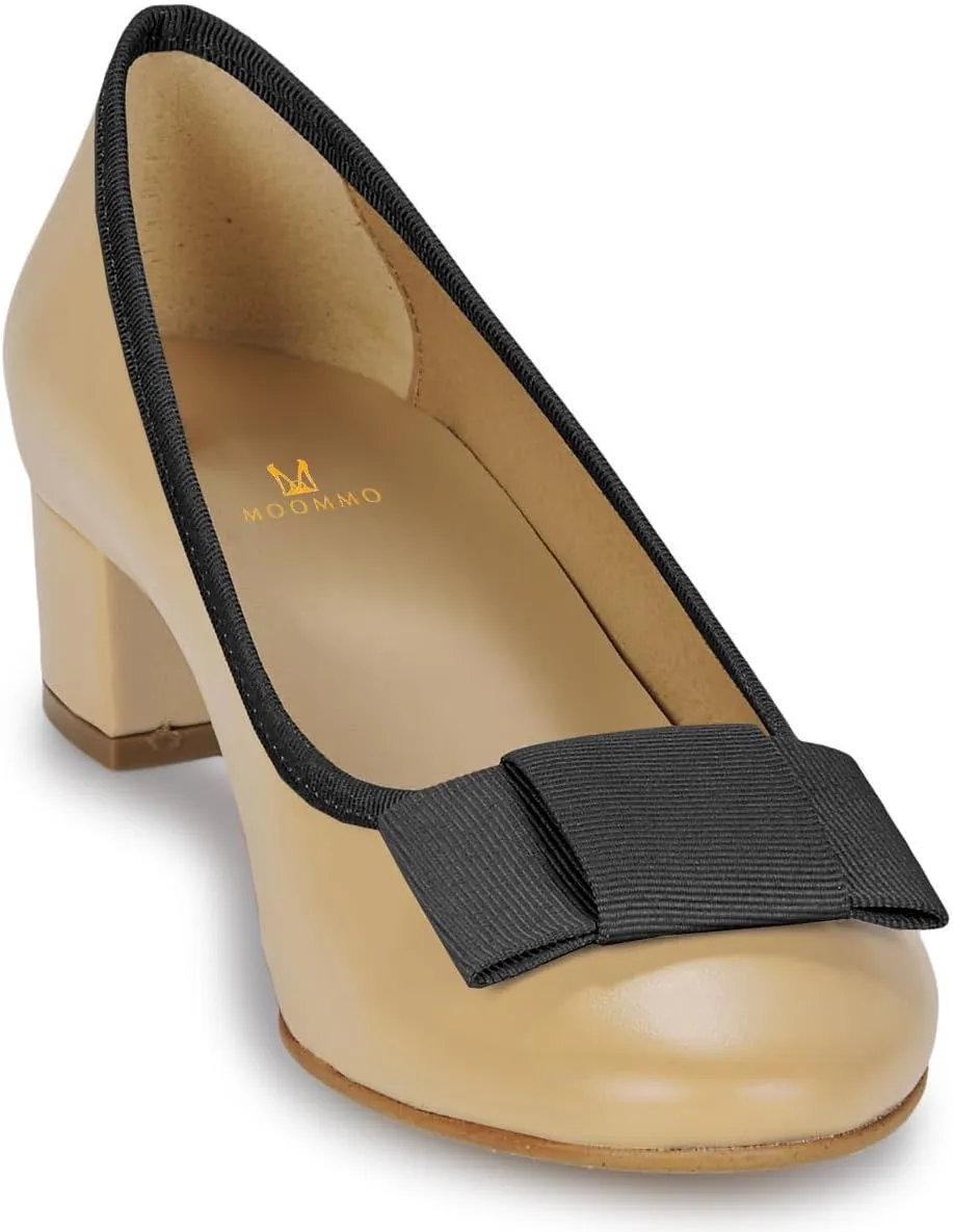 MOOMMO Women Low Chunky Heel Pumps Shoes Bows Round Closed Toe Slip On Block Heels Dress Sandals Cap Toe Bow Flats Shoes Two-Toned Ladies Girls Wedding Office School Elegant Comfort Spring 4-11 M US
