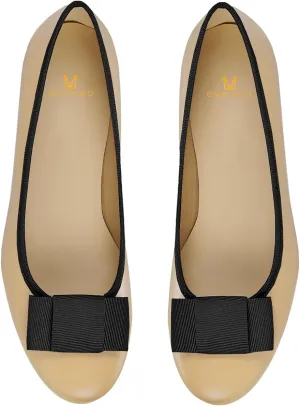 MOOMMO Women Low Chunky Heel Pumps Shoes Bows Round Closed Toe Slip On Block Heels Dress Sandals Cap Toe Bow Flats Shoes Two-Toned Ladies Girls Wedding Office School Elegant Comfort Spring 4-11 M US