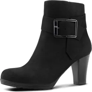 mysoft Women's Wide Width Ankle Boots Chunky Heel Ankle Strap Buckle Booties with Zipper