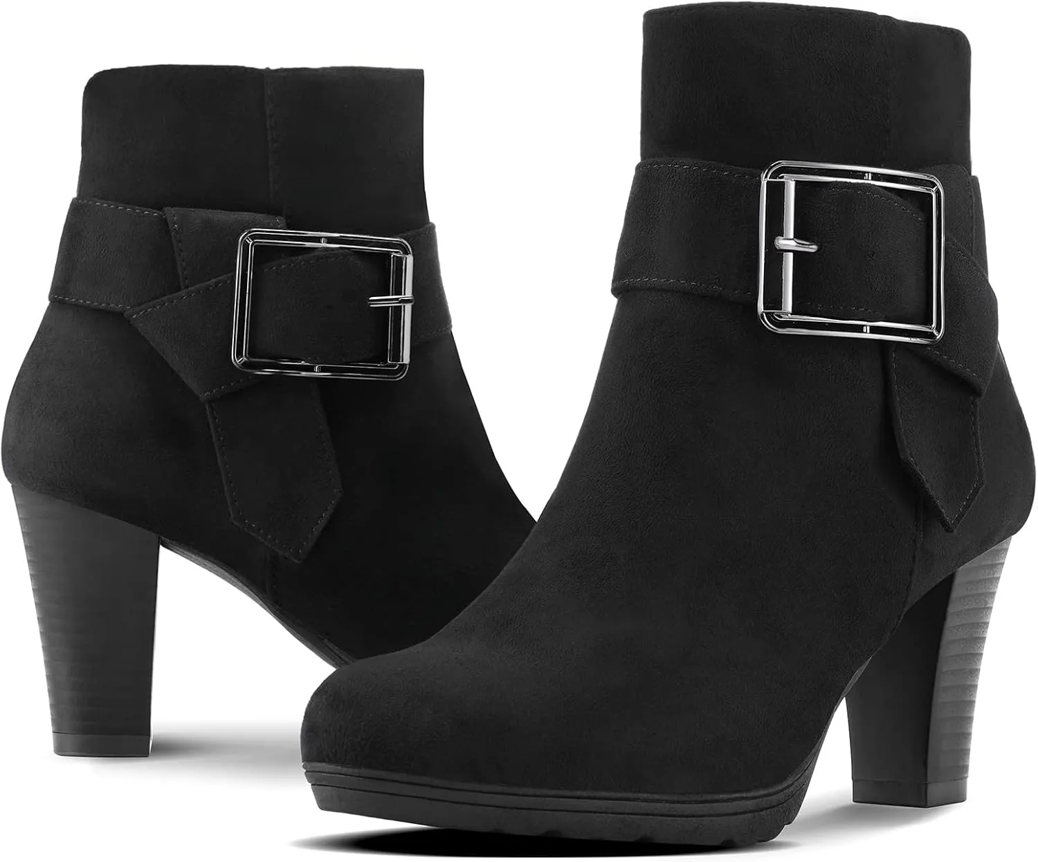 mysoft Women's Wide Width Ankle Boots Chunky Heel Ankle Strap Buckle Booties with Zipper
