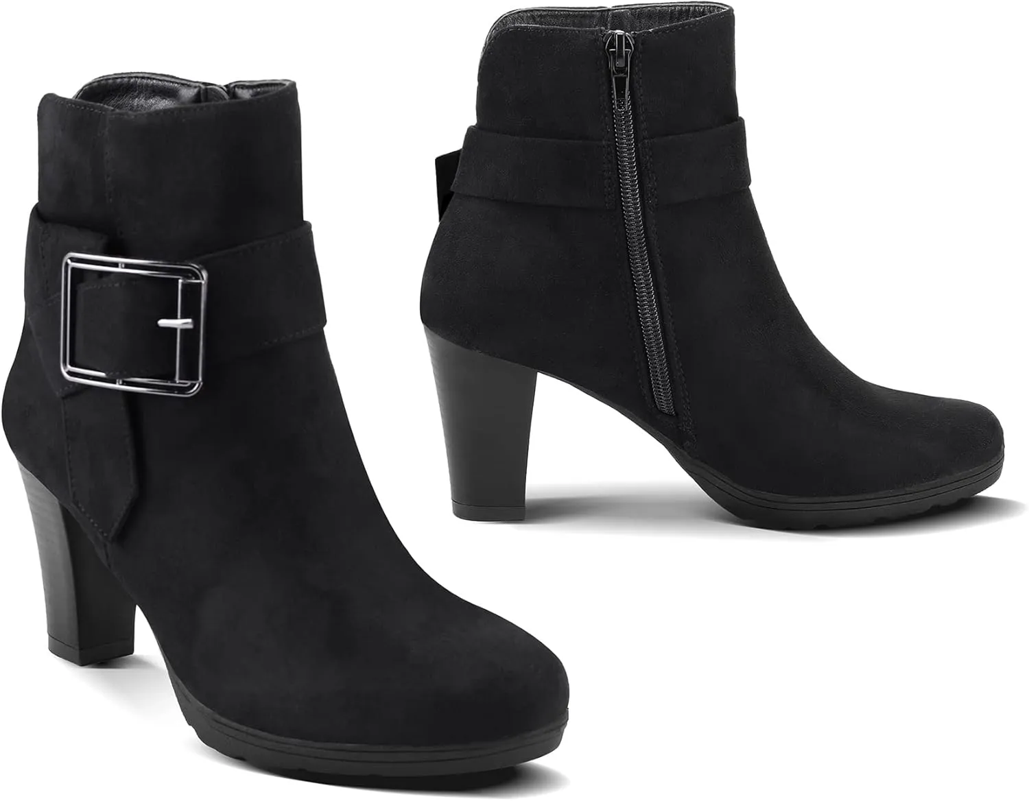 mysoft Women's Wide Width Ankle Boots Chunky Heel Ankle Strap Buckle Booties with Zipper