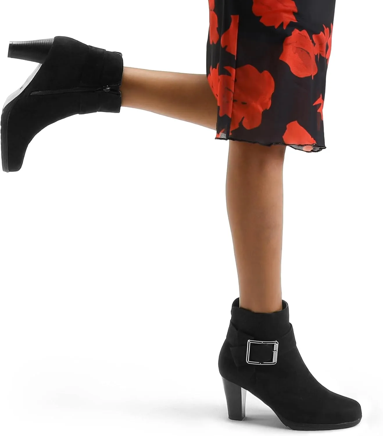 mysoft Women's Wide Width Ankle Boots Chunky Heel Ankle Strap Buckle Booties with Zipper