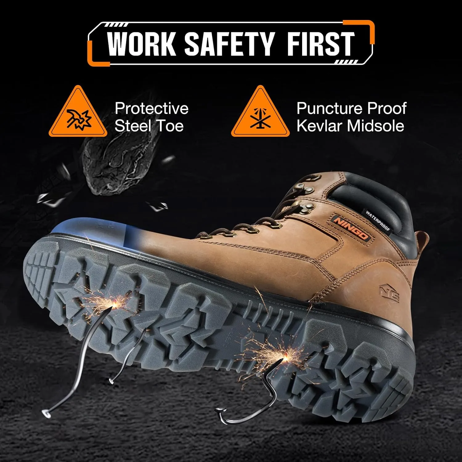 NINGO Steel Toe Work Boots for Men, Waterproof Work Boot with Puncture Proof, Oil & Slip Resistant, Comfortable Mens Construction Boots with EH Protection, Leather Shoes for Industrial