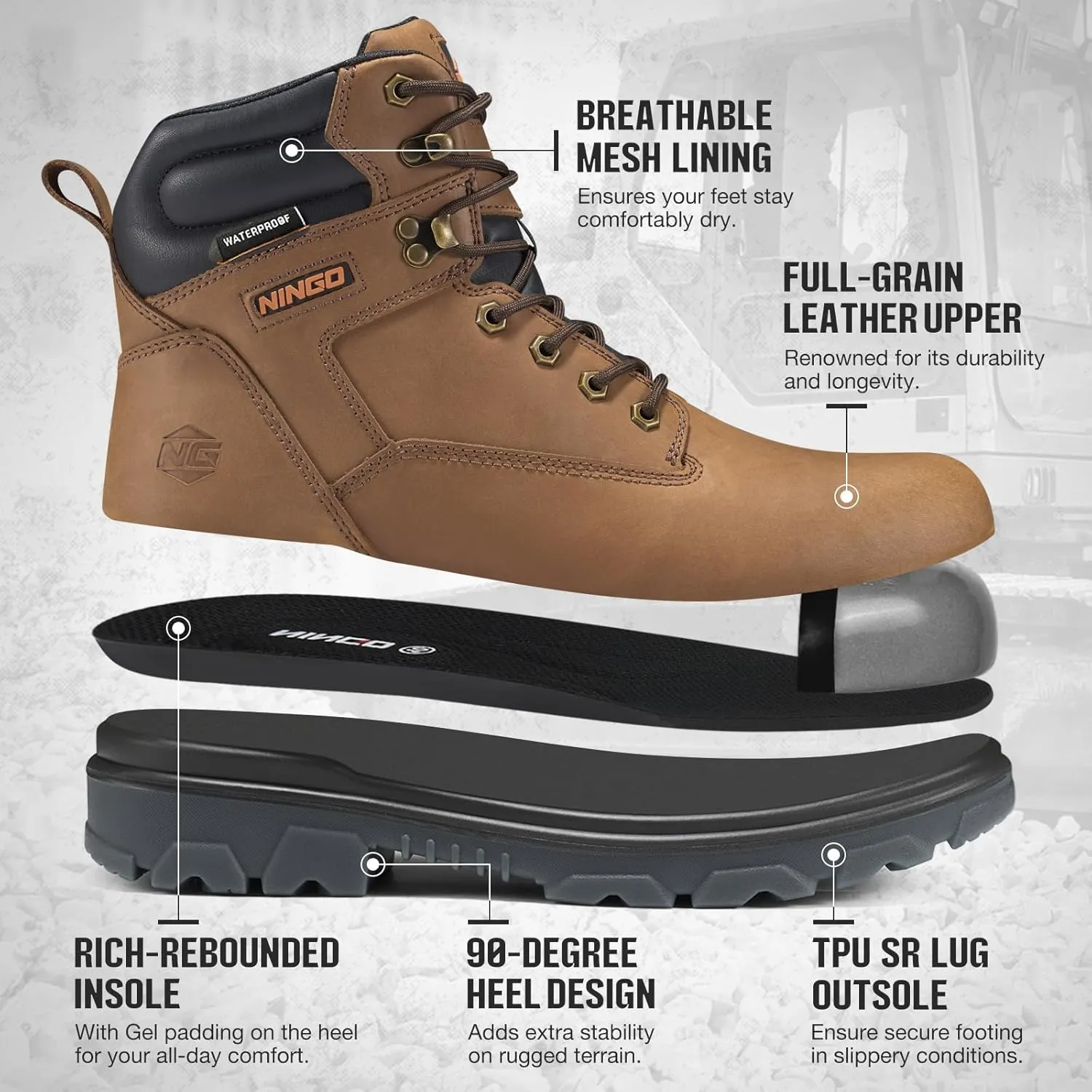 NINGO Steel Toe Work Boots for Men, Waterproof Work Boot with Puncture Proof, Oil & Slip Resistant, Comfortable Mens Construction Boots with EH Protection, Leather Shoes for Industrial