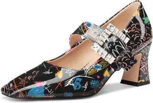 NobleOnly Mary Jane Shoes Womens Mid Chunky Block Heel Ankle Strap Dress Pumps Close Square Toe Pumps Rhinestone Buckle 2.8 Inches Heels