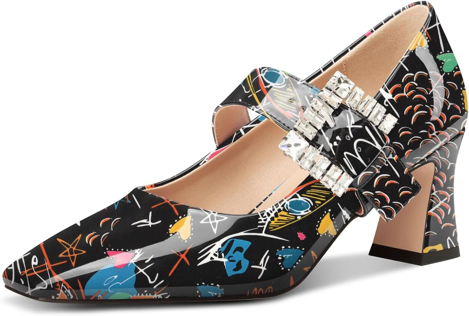 NobleOnly Mary Jane Shoes Womens Mid Chunky Block Heel Ankle Strap Dress Pumps Close Square Toe Pumps Rhinestone Buckle 2.8 Inches Heels