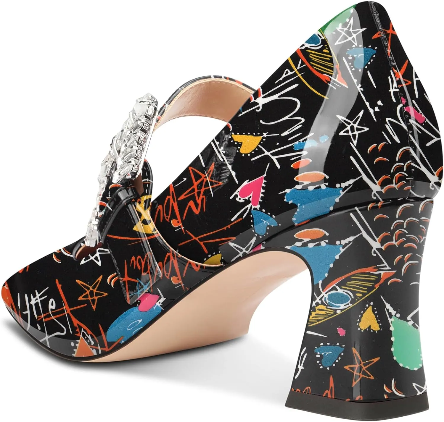 NobleOnly Mary Jane Shoes Womens Mid Chunky Block Heel Ankle Strap Dress Pumps Close Square Toe Pumps Rhinestone Buckle 2.8 Inches Heels