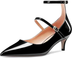 NobleOnly Women Mid Heel Ankle Strap Pointed Toe Pumps Casual Party Office Dress Cute Buckle Shoes 2.0 Inches Heels