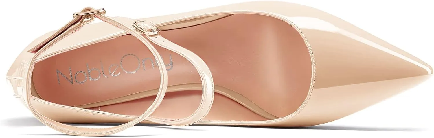 NobleOnly Women Mid Heel Ankle Strap Pointed Toe Pumps Casual Party Office Dress Cute Buckle Shoes 2.0 Inches Heels