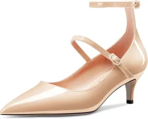 NobleOnly Women Mid Heel Ankle Strap Pointed Toe Pumps Casual Party Office Dress Cute Buckle Shoes 2.0 Inches Heels