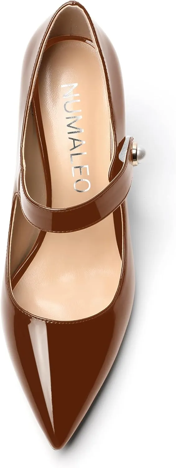 NUMALEO Womens Casual Dressy Pearl Patent Party Ankle Strap Pointed Toe Stiletto High Heel Pumps Shoes 3.3 Inch