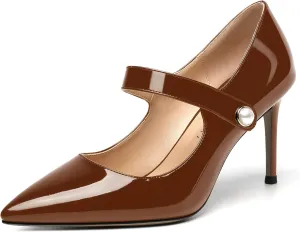 NUMALEO Womens Casual Dressy Pearl Patent Party Ankle Strap Pointed Toe Stiletto High Heel Pumps Shoes 3.3 Inch