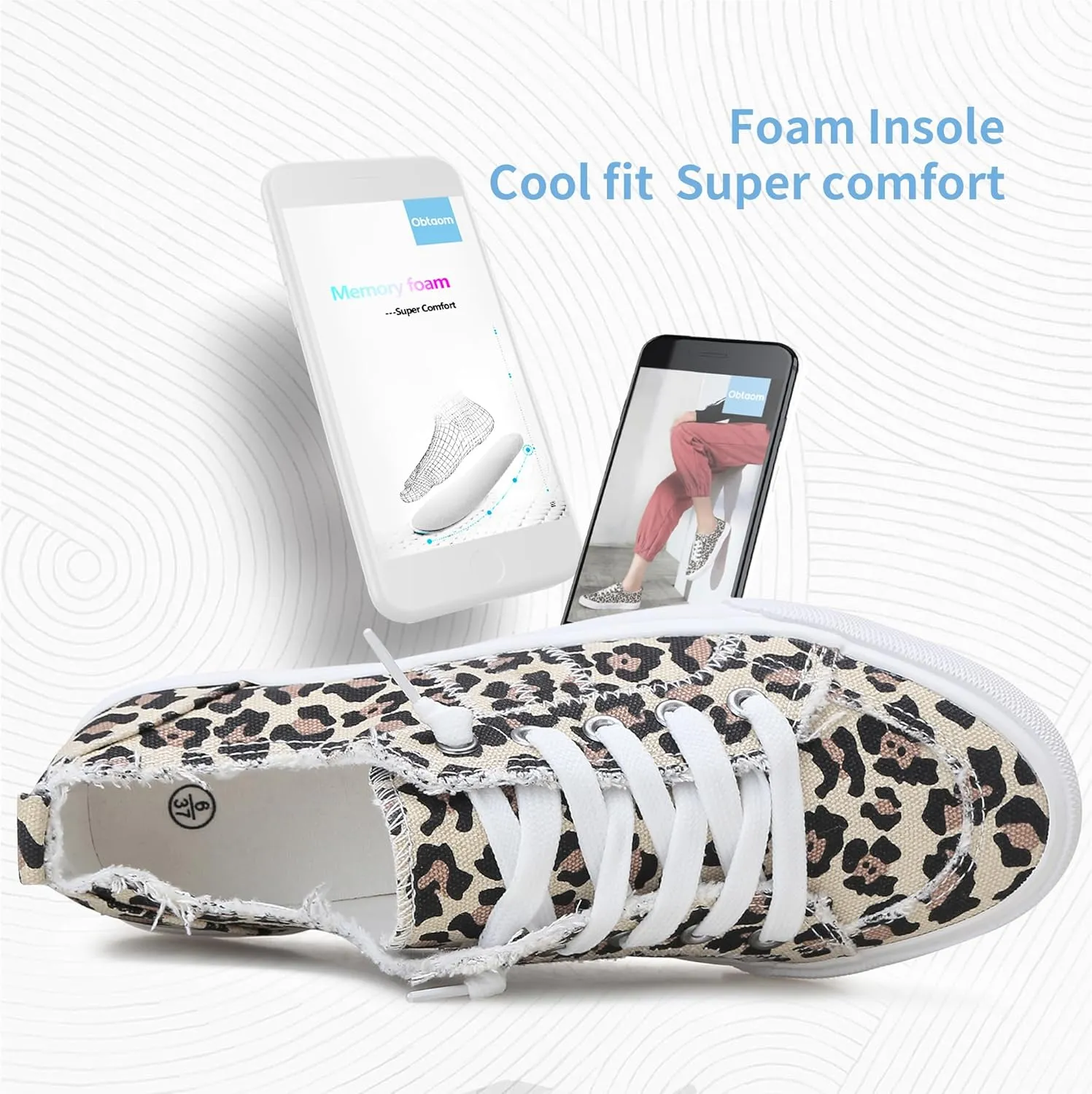Obtaom Women's Play Fashion Sneaker White Color Washed and Leopard Canvas Slip on Shoes