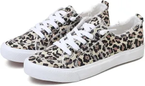 Obtaom Women's Play Fashion Sneaker White Color Washed and Leopard Canvas Slip on Shoes