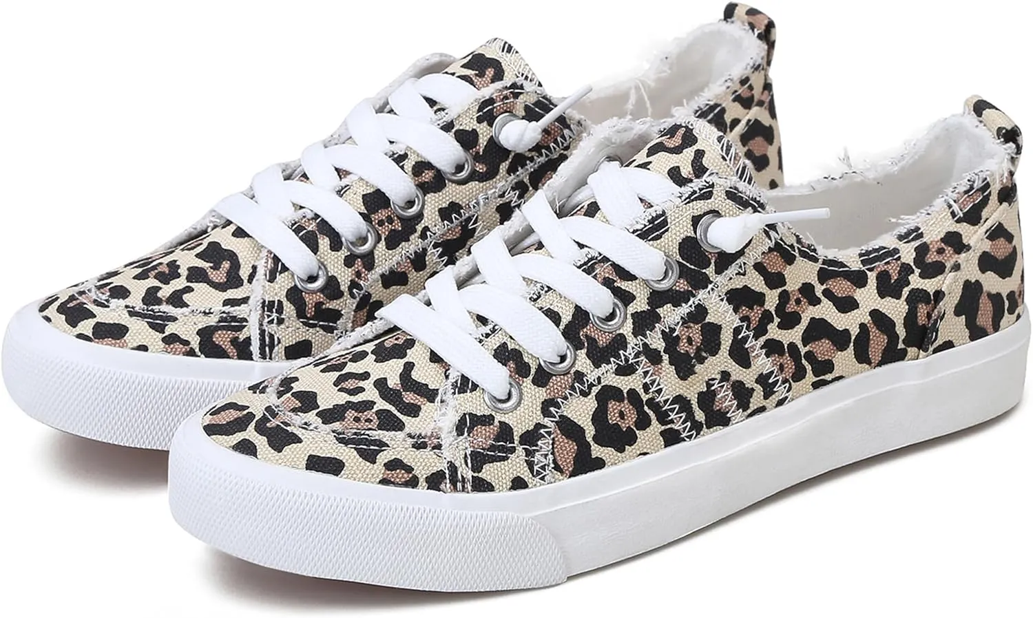 Obtaom Women's Play Fashion Sneaker White Color Washed and Leopard Canvas Slip on Shoes