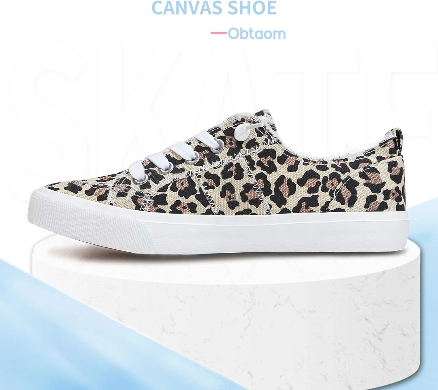 Obtaom Women's Play Fashion Sneaker White Color Washed and Leopard Canvas Slip on Shoes