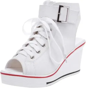 OCHENTA Women's Peep Toe Canvas Wedge Heeled Platform Fashion Sneaker
