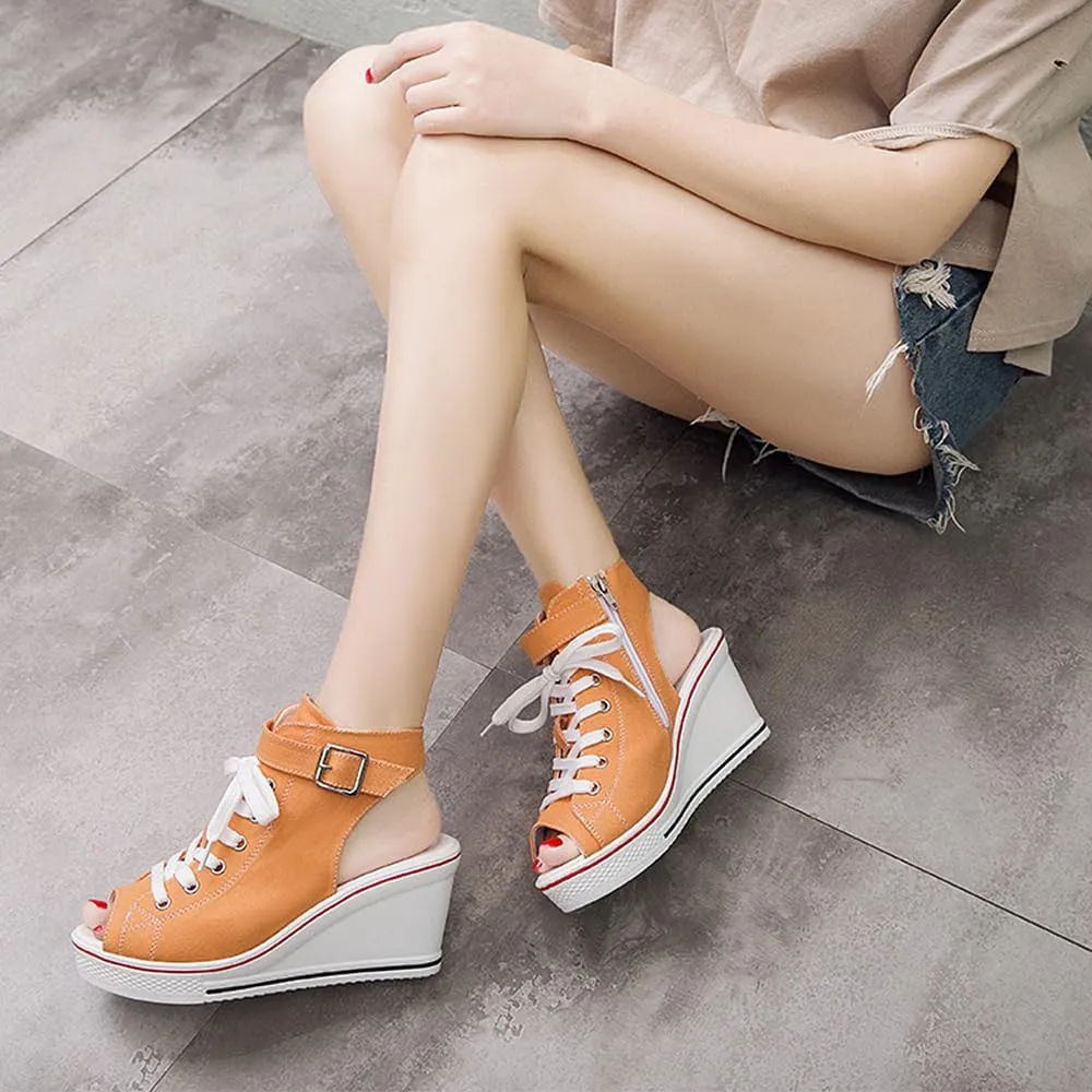 OCHENTA Women's Peep Toe Canvas Wedge Heeled Platform Fashion Sneaker