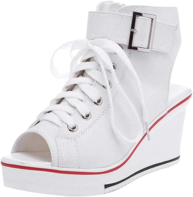 OCHENTA Women's Peep Toe Canvas Wedge Heeled Platform Fashion Sneaker