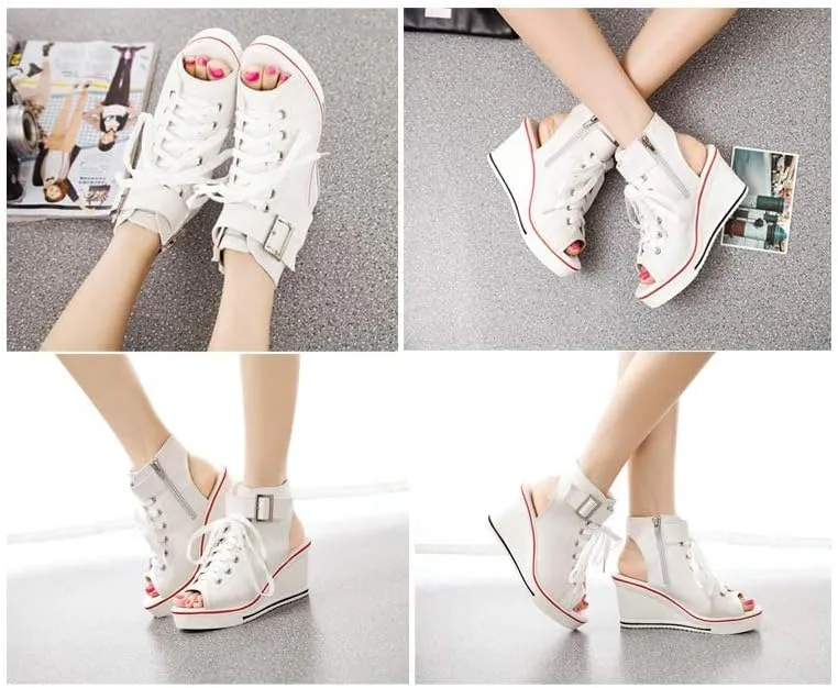 OCHENTA Women's Peep Toe Canvas Wedge Heeled Platform Fashion Sneaker