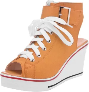 OCHENTA Women's Peep Toe Canvas Wedge Heeled Platform Fashion Sneaker