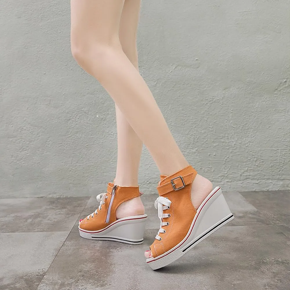 OCHENTA Women's Peep Toe Canvas Wedge Heeled Platform Fashion Sneaker