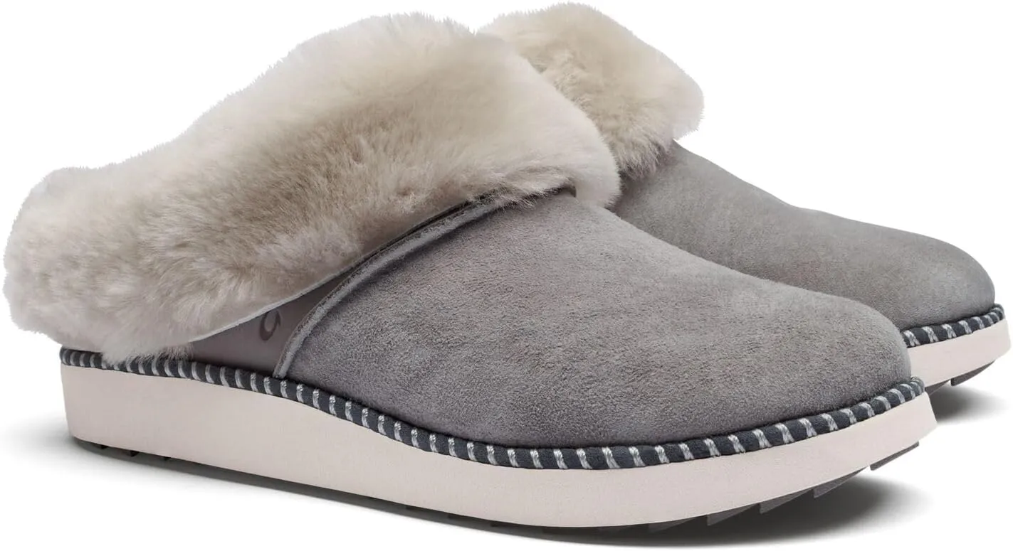 OLUKAI Ku'i Women's Slipper, Soft Full-Grain Leather & Wool Blend Footbed, Wet Grip Soles for Inside & Outside Wear, Cute & Comfortable Slip-On
