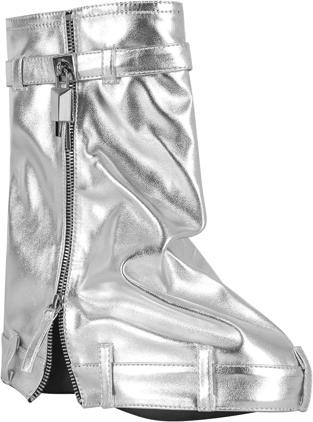 onlymaker Denim Canvas Wedge Platform Calf Boots Round Toe Pull-up Padlock Fold over Booties