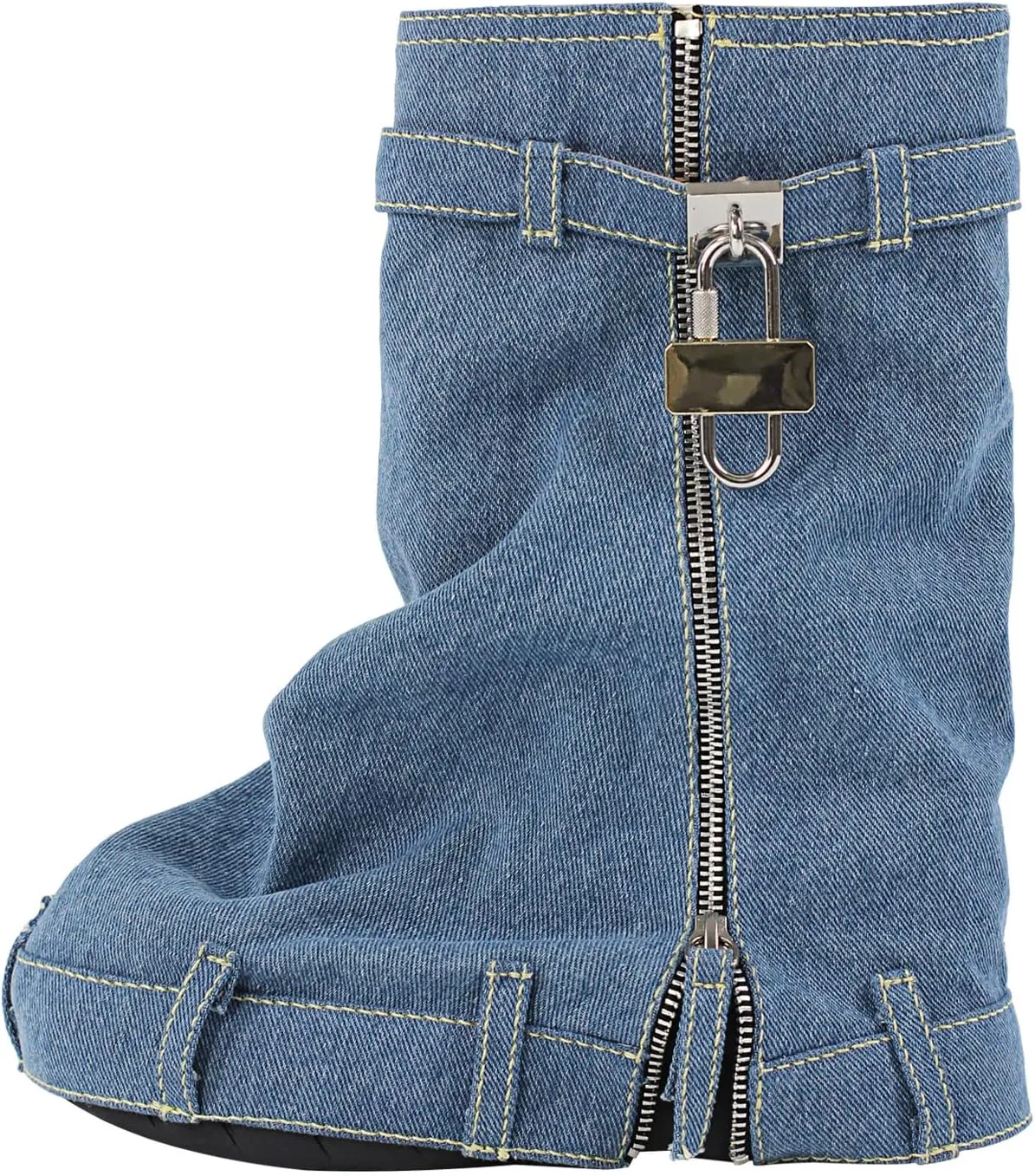 onlymaker Denim Canvas Wedge Platform Calf Boots Round Toe Pull-up Padlock Fold over Booties