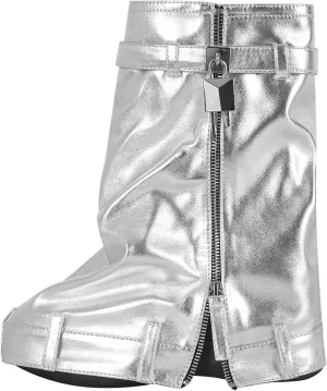 onlymaker Denim Canvas Wedge Platform Calf Boots Round Toe Pull-up Padlock Fold over Booties