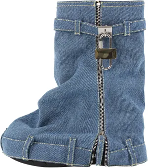 onlymaker Denim Canvas Wedge Platform Calf Boots Round Toe Pull-up Padlock Fold over Booties