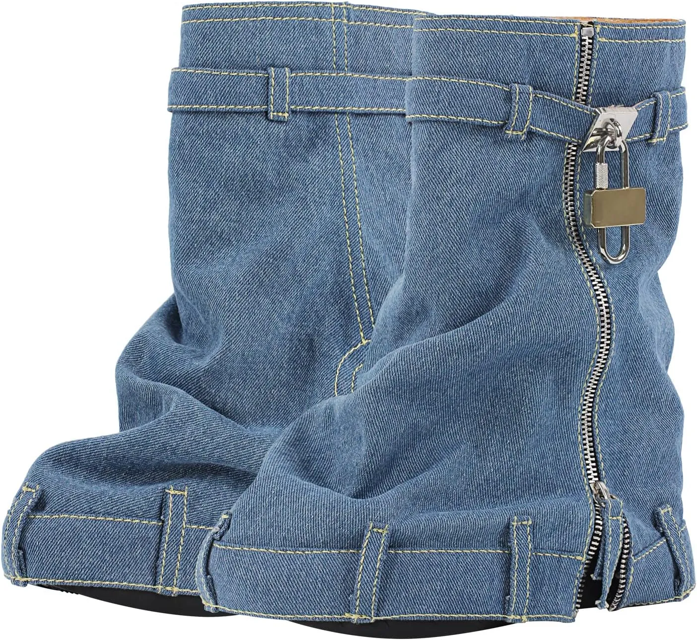 onlymaker Denim Canvas Wedge Platform Calf Boots Round Toe Pull-up Padlock Fold over Booties