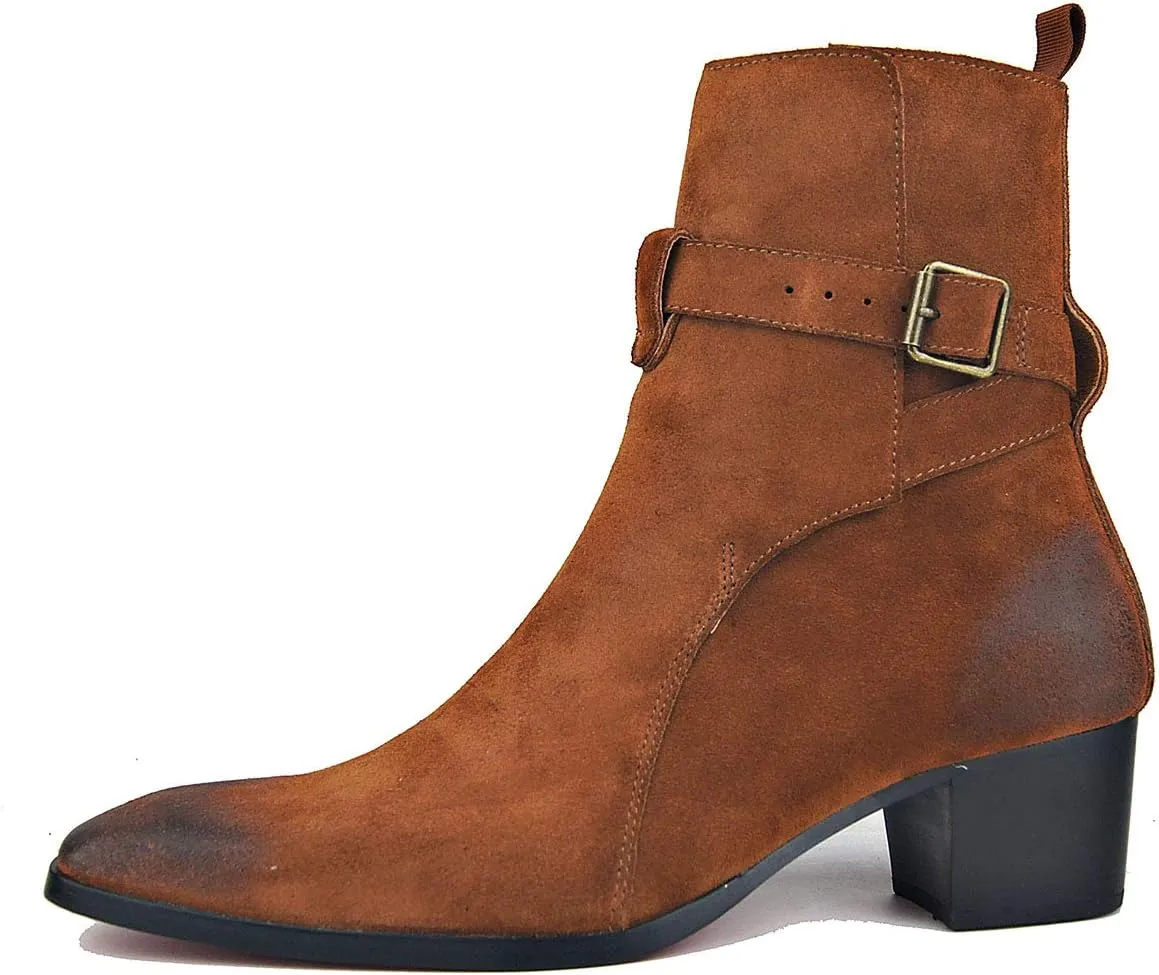 OSSTONE Dress Boot for Men Leather Chukka Designer Boots Casual Heel Shoes Buckle JY005