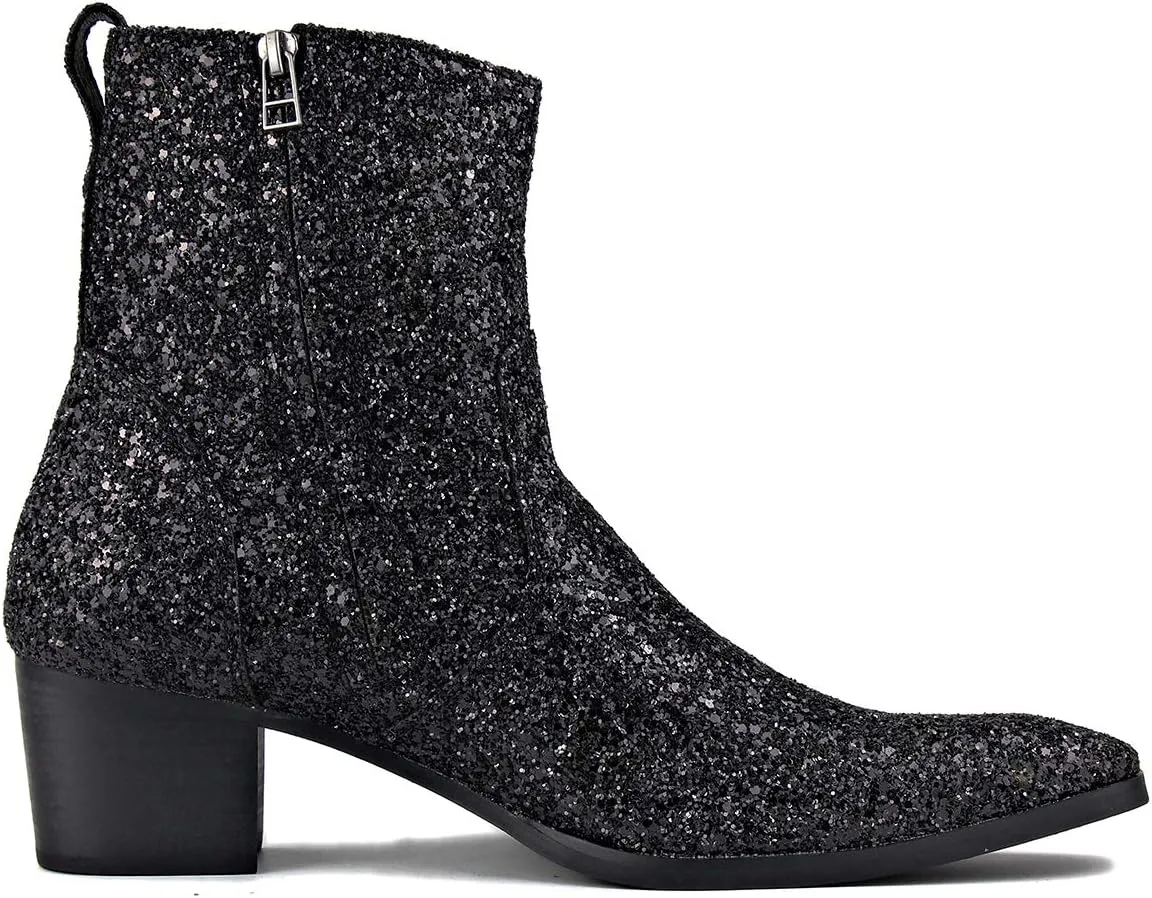 OSSTONE Dress Boot for Men Leather Glitter Chukka Designer Boots Casual Heel Shoes Zipper-up
