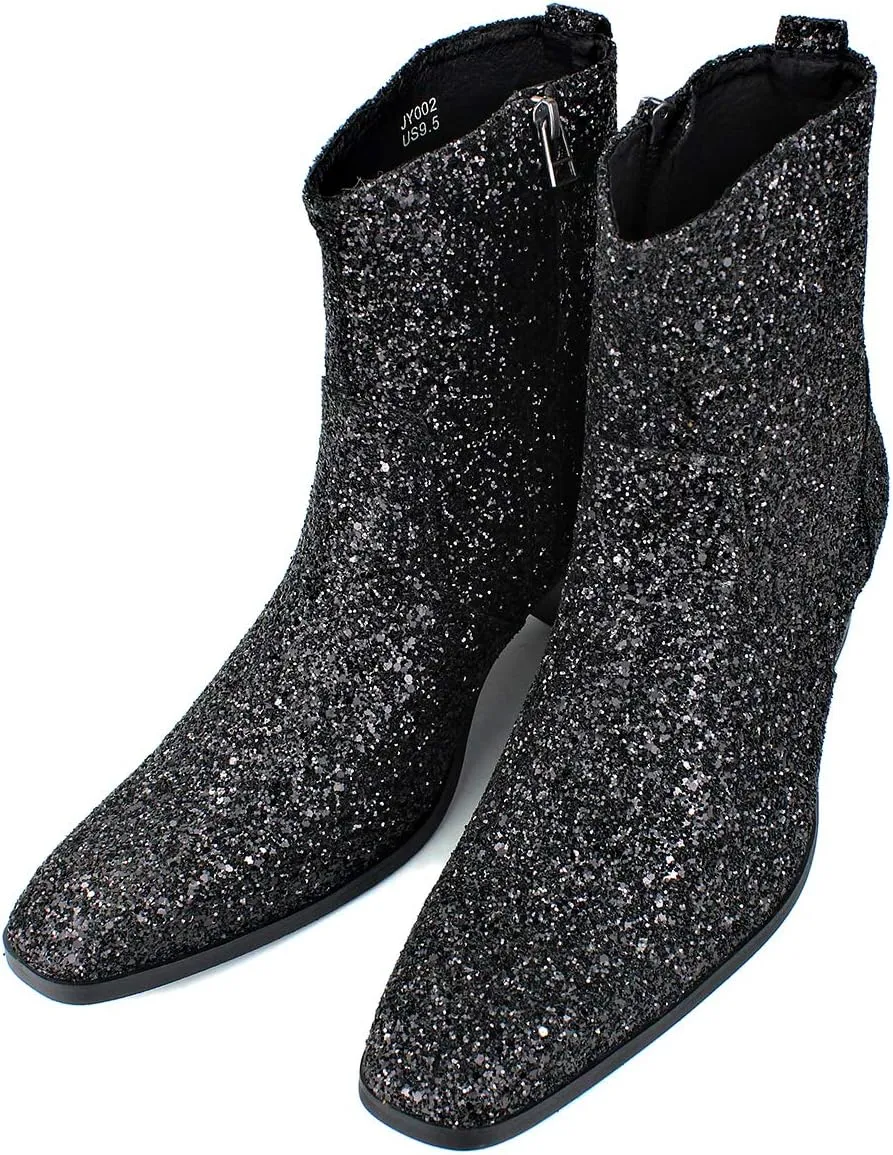 OSSTONE Dress Boot for Men Leather Glitter Chukka Designer Boots Casual Heel Shoes Zipper-up