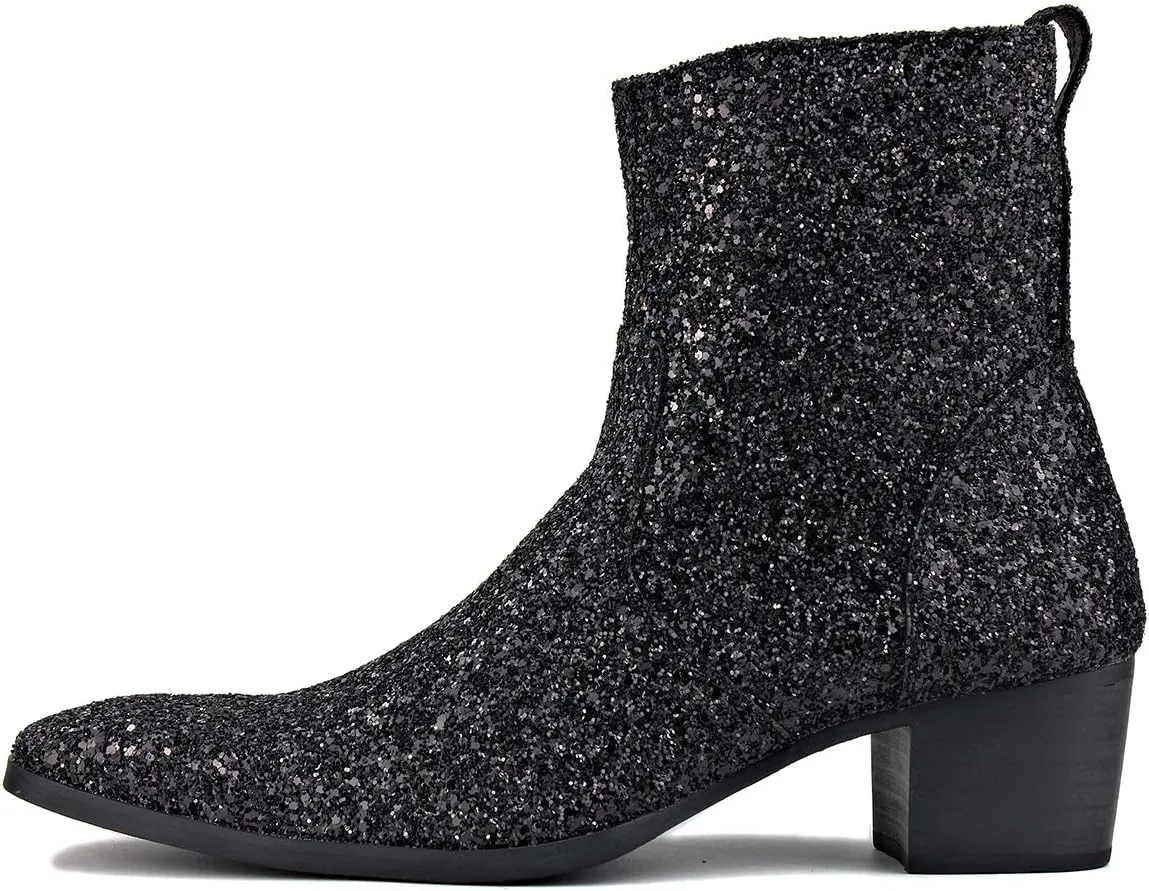 OSSTONE Dress Boot for Men Leather Glitter Chukka Designer Boots Casual Heel Shoes Zipper-up